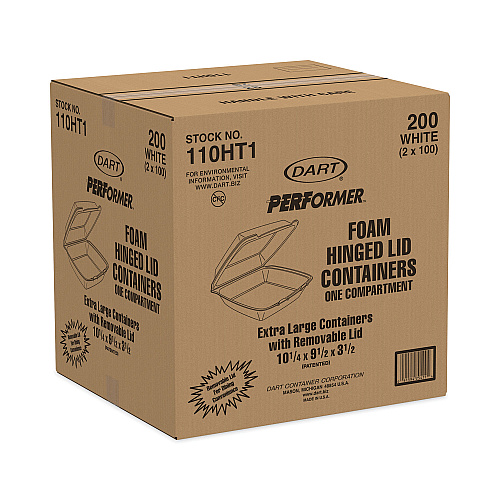 Dart Hinged Lid Carryout Container, 9.5 x 10.33 x 3.5, White, Foam, 100/Bag, 2 Bags/Carton (110HT1)