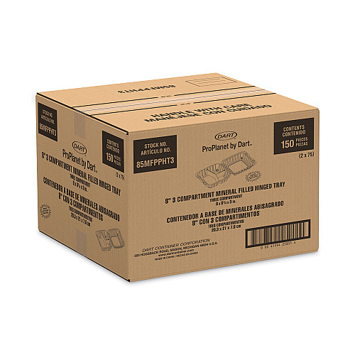 Dart Hinged Lid Containers, 3-Compartment, 8.3 x 8 x 3, White, Plastic, 150/Carton (85MFPPHT3)