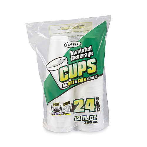 Dart Small Foam Drink Cups, 12 oz, White, 24/Bag, 12 Bags/Carton (12JP24)