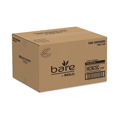SOLO Bare Eco-Forward Bagasse Hinged Lid Containers, ProPlanet Seal, 3-Compartment, 9.6 x 9.4 x 3.2, Ivory, Sugarcane, 200/Carton (HC9CSC2050)