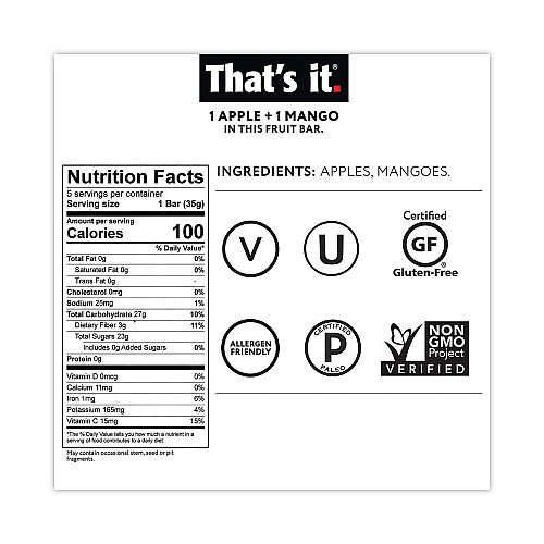 Thats it. Nutrition Bar, Gluten Free Apple and Mango Fruit, 1.2 oz Bar, 12/Carton (30700257)