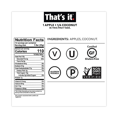 Thats it. Nutrition Bar, Gluten Free Apple and Coconut Fruit, 1.2 oz Bar, 12/Carton (30700256)