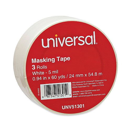 Universal General-Purpose Masking Tape, 3" Core, 24 mm x 54.8 m, Beige, 3/Pack (UNV51301)