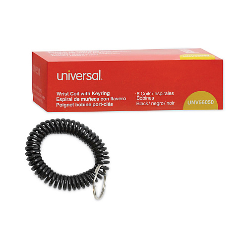 Universal Wrist Coil Plus Key Ring, Plastic, Black, 6/Pack (UNV56050)
