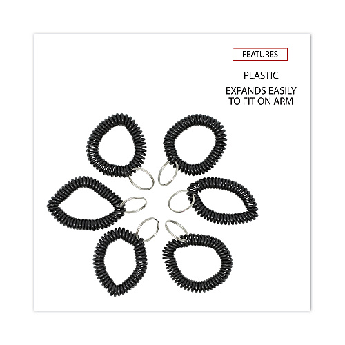 Universal Wrist Coil Plus Key Ring, Plastic, Black, 6/Pack (UNV56050)