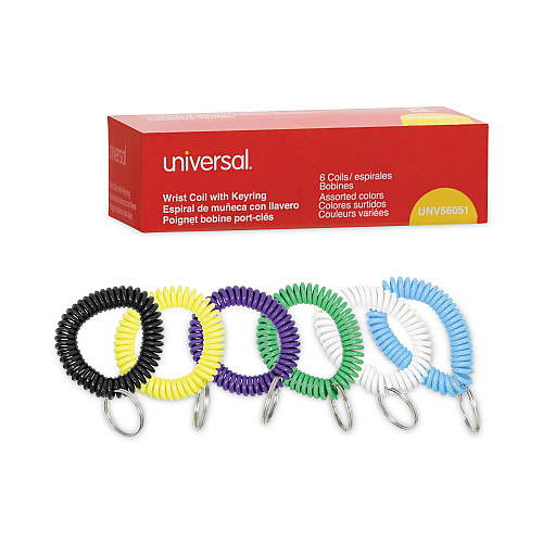 Universal Wrist Coil Plus Key Ring, Plastic, Assorted Colors, 6/Pack (UNV56051)