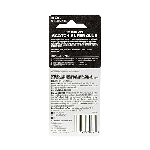 Scotch Single Use Super Glue No-Run Gel, 0.02 oz, Dries Clear, 4/Pack (AD119)