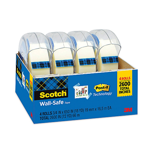 Scotch Wall-Safe Tape with Dispenser, 1" Core, 0.75" x 54.17 ft, Clear, 4/Pack (4183)