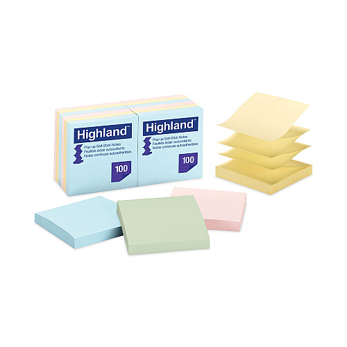 Highland Self-Stick Accordion-Style Notes, 3" x 3", Assorted Pastel Colors, 100 Sheets/Pad, 12 Pads/Pack (6549PUA)