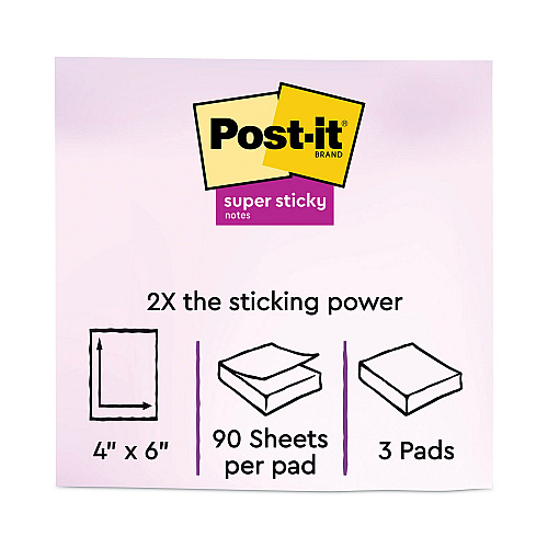 Post-it Pads in Playful Primary Collection Colors, Note Ruled, 4" x 6", 90 Sheets/Pad, 3 Pads/Pack (6603SSAN)