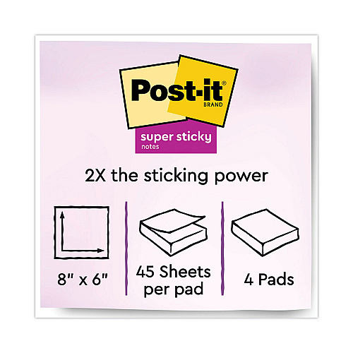 Post-it Meeting Notes in Energy Boost Collection Colors, 8" x 6", 45 Sheets/Pad, 4 Pads/Pack (6845SSP)