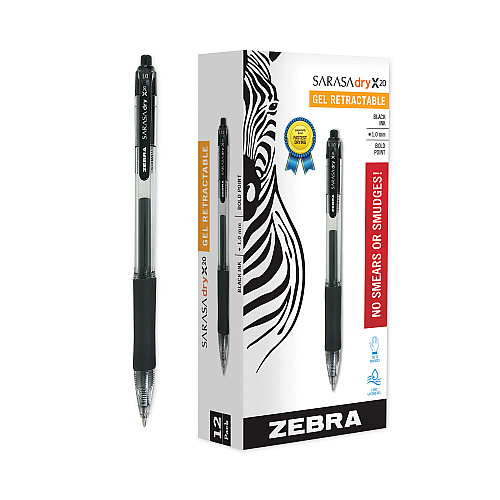 Zebra Sarasa Dry Gel X20 Gel Pen, Retractable, Bold 1 mm, Black Ink, Clear/Black Barrel, 12/Pack (46610)