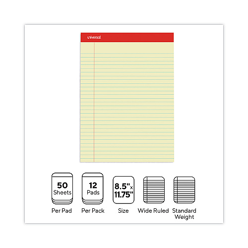 Universal Perforated Ruled Writing Pads, Wide/Legal Rule, Red Headband, 50 Canary-Yellow 8.5 x 11.75 Sheets, Dozen (UNV10630)