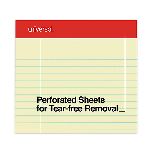 Universal Perforated Ruled Writing Pads, Wide/Legal Rule, Red Headband, 50 Canary-Yellow 8.5 x 11.75 Sheets, Dozen (UNV10630)