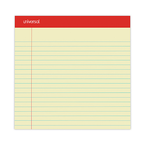 Universal Perforated Ruled Writing Pads, Wide/Legal Rule, Red Headband, 50 Canary-Yellow 8.5 x 11.75 Sheets, Dozen (UNV10630)