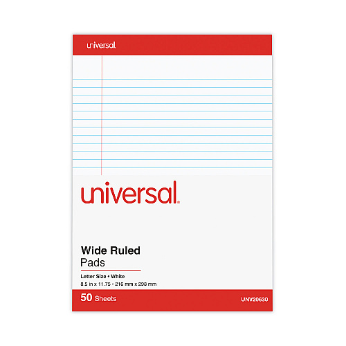 Universal Perforated Writing Pads, Wide Rule, 8.5" x 11.75", 50 Sheets, Dozen (UNV20630)