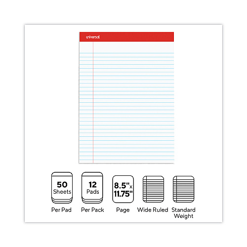 Universal Perforated Writing Pads, Wide Rule, 8.5" x 11.75", 50 Sheets, Dozen (UNV20630)