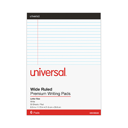 Universal Premium Ruled Writing Pads with Heavy-Duty Back, Wide/Legal Rule, Black Headband, 50 White 8.5 x 11 Sheets, 6/Pack (UNV30630)