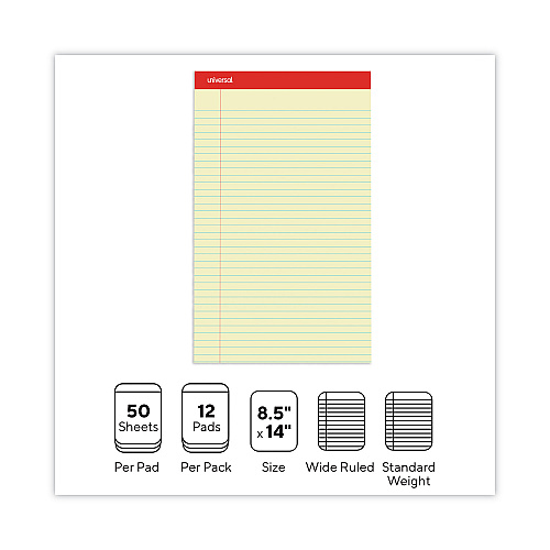 Universal Perforated Ruled Writing Pads, Wide/Legal Rule, Red Headband, 50 Canary-Yellow 8.5 x 14 Sheets, Dozen (UNV40000)