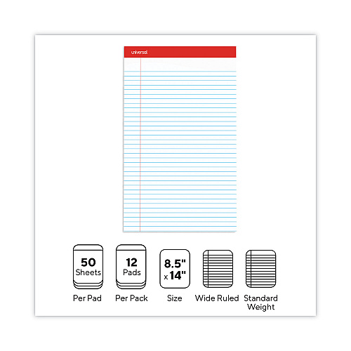 Universal Perforated Ruled Writing Pads, Wide/Legal Rule, Red Headband, 50 White 8.5 x 14 Sheets, Dozen (UNV45000)