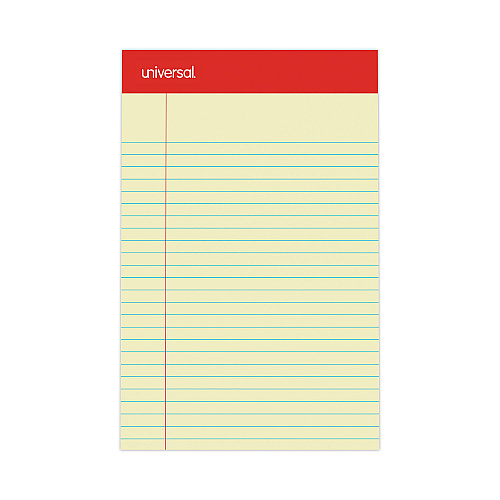 Universal Perforated Ruled Writing Pads, Narrow Rule, Red Headband, 50 Canary-Yellow 5 x 8 Sheets, Dozen (UNV46200)
