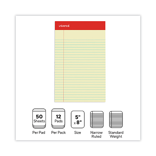 Universal Perforated Ruled Writing Pads, Narrow Rule, Red Headband, 50 Canary-Yellow 5 x 8 Sheets, Dozen (UNV46200)