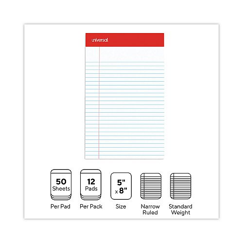 Universal Perforated Ruled Writing Pads, Narrow Rule, Red Headband, 50 White 5 x 8 Sheets, Dozen (UNV46300)