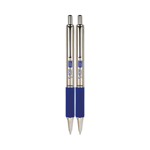 Zebra F-402 Ballpoint Pen, Retractable, Fine 0.7 mm, Blue Ink, Stainless Steel/Blue Barrel, 2/Pack (29222)