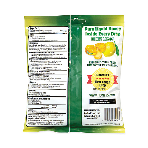 HONEES Cough Drops, Honey-Lemon, 20 per Bag, 6 Bags/Pack (29300005)