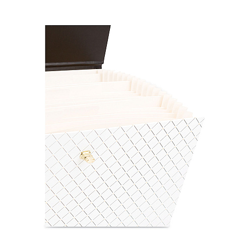 U Brands Expanding File Box, 5.25" Expansion, 19 Sections, Twist-Lock Latch Closure, 2/5-Cut Tabs, Letter Size, White/Black/Gold (2201U0206)