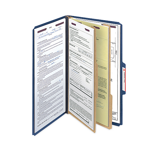 Smead Six-Section Pressboard Top Tab Classification Folders, Six SafeSHIELD Fasteners, 2 Dividers, Legal Size, Dark Blue, 10/Box (19035)