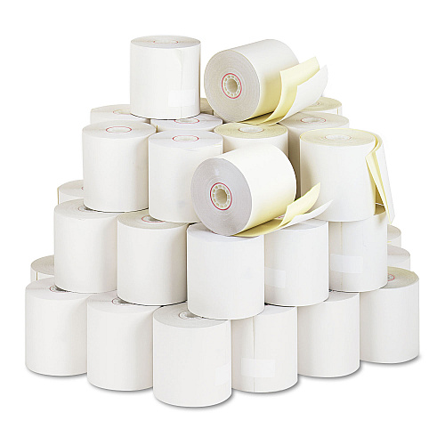 ICONEX Impact Printing Carbonless Paper Rolls, 2.75" x 90 ft, White/Canary, 50/Carton (90770459)