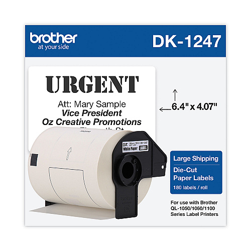 Brother DK1247 Label Tape, 4.07" x 6.4", Black on White, 180 Labels/Roll