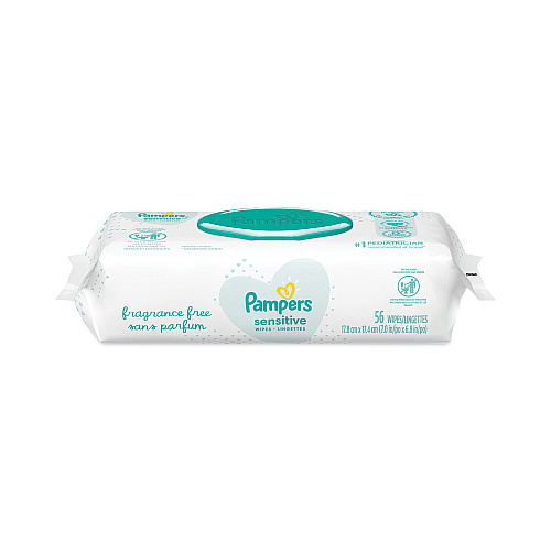Pampers Sensitive Baby Wipes, 1-Ply, 6.8 x 7, Unscented, White, 56/Pack, 8 Packs/Carton (87076)