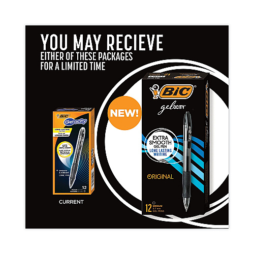 BIC Gel-ocity Gel Pen, Retractable, Medium 0.7 mm, Black Ink, Translucent Black Barrel, Dozen (RLC11BK)