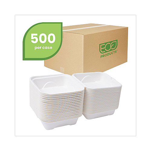Eco-Products Bagasse Hinged Clamshell Containers, 6 x 6 x 3, White, Sugarcane, 50/Pack, 10 Packs/Carton (EPHC6)