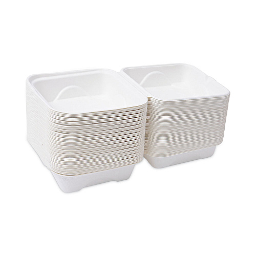 Eco-Products Bagasse Hinged Clamshell Containers, 6 x 6 x 3, White, Sugarcane, 50/Pack, 10 Packs/Carton (EPHC6)