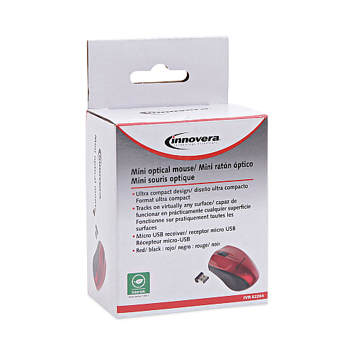 Innovera Mini Wireless Optical Mouse, 2.4 GHz Frequency/30 ft Wireless Range, Left/Right Hand Use, Red/Black (IVR62204)