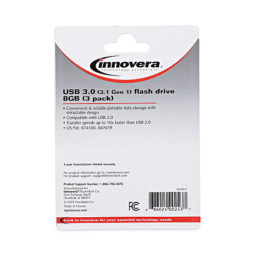 Innovera USB 3.0 Flash Drive, 8 GB, 3/Pack (IVR82308)
