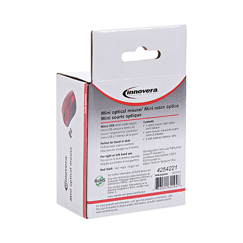 Innovera Mini Wireless Optical Mouse, 2.4 GHz Frequency/30 ft Wireless Range, Left/Right Hand Use, Red/Black (IVR62204)