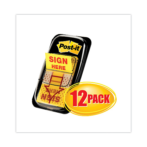 Post-it Arrow Message 1" Page Flags, Sign Here, Yellow, 50 Flags/Dispenser, 12 Dispensers/Pack (680SH12)