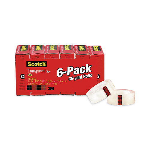 Scotch Transparent Tape, 1" Core, 0.75" x 36 yds, Transparent, 6/Pack (6006PK)