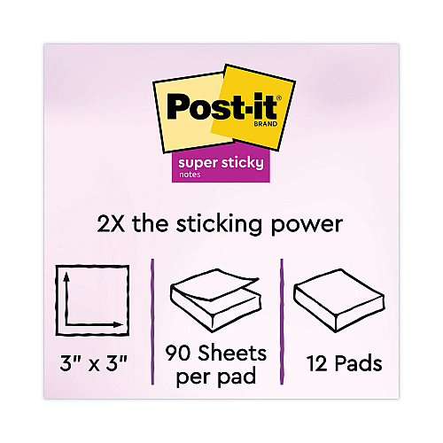 Post-it Pads in Energy Boost Collection Colors, 3" x 3", 90 Sheets/Pad, 12 Pads/Pack (65412SSUC)