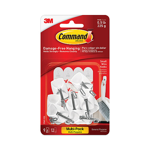 Command General Purpose Wire Hooks Multi-Pack, Small, Metal, White, 0.5 lb Capacity, 9 Hooks and 12 Strips/Pack (170679ES)