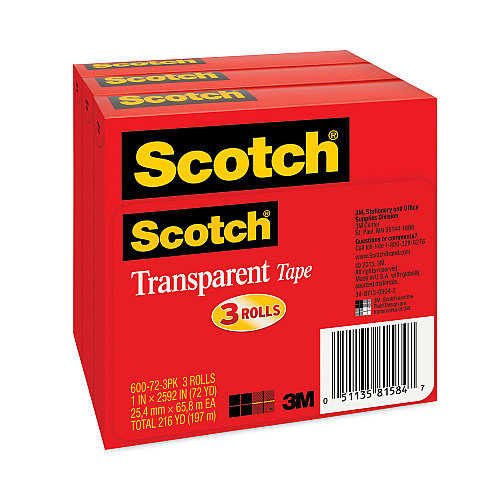 Scotch Transparent Tape, 3" Core, 1" x 72 yds, Transparent, 3/Pack (600723PK)