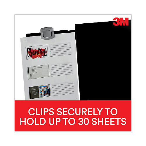 3M Swing Arm Copyholder, Adhesive Monitor Mount, 30 Sheet Capacity, Plastic, Black/Silver Clip (DH240MB)