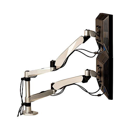 3M Easy-Adjust Desk Dual Arm Mount for 27" Monitors, 360 deg Rotation, +90/-15 deg Tilt, 360 deg Pan, Silver, Supports 20 lb (MA265S)
