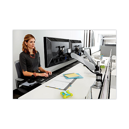 3M Easy-Adjust Desk Dual Arm Mount for 27" Monitors, 360 deg Rotation, +90/-15 deg Tilt, 360 deg Pan, Silver, Supports 20 lb (MA265S)