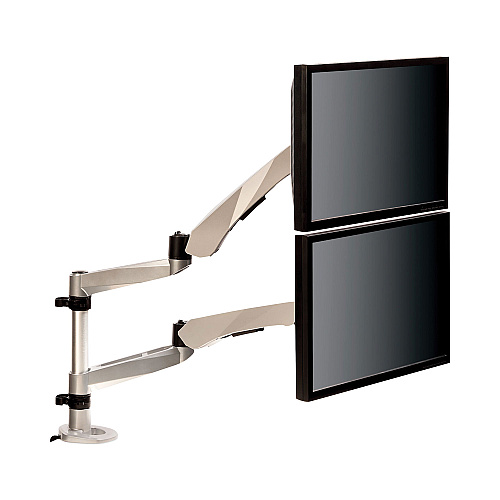 3M Easy-Adjust Desk Dual Arm Mount for 27" Monitors, 360 deg Rotation, +90/-15 deg Tilt, 360 deg Pan, Silver, Supports 20 lb (MA265S)