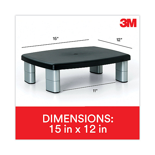 3M Adjustable Height Monitor Stand, 15" x 12" x 2.63" to 5.78", Black/Silver, Supports 80 lbs (MS80B)